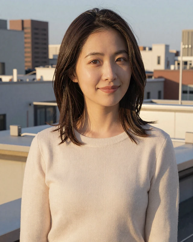 Aiko on a rooftop at golden hour in a warm portrait that fits a premium asian online dating profile card