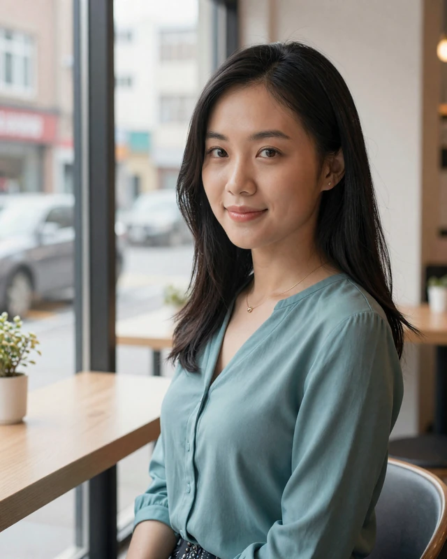 Mina smiling by a cafe window in a polished lifestyle portrait for asian online dating profile browsing