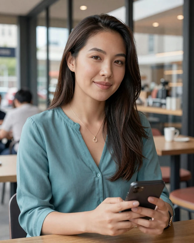 Naomi reviewing a dating app safely on her phone in a cafe setting for online dating safety tips guidance